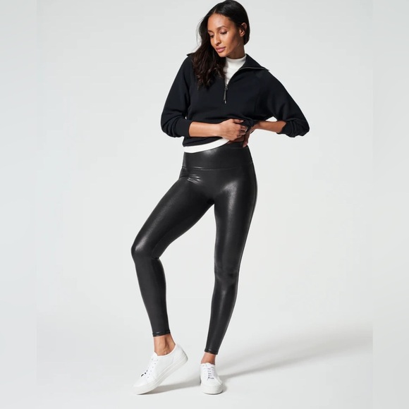 SPANX Size Medium Metallic Black Faux Leather Compression Body Shaping Leggings - Picture 1 of 8
